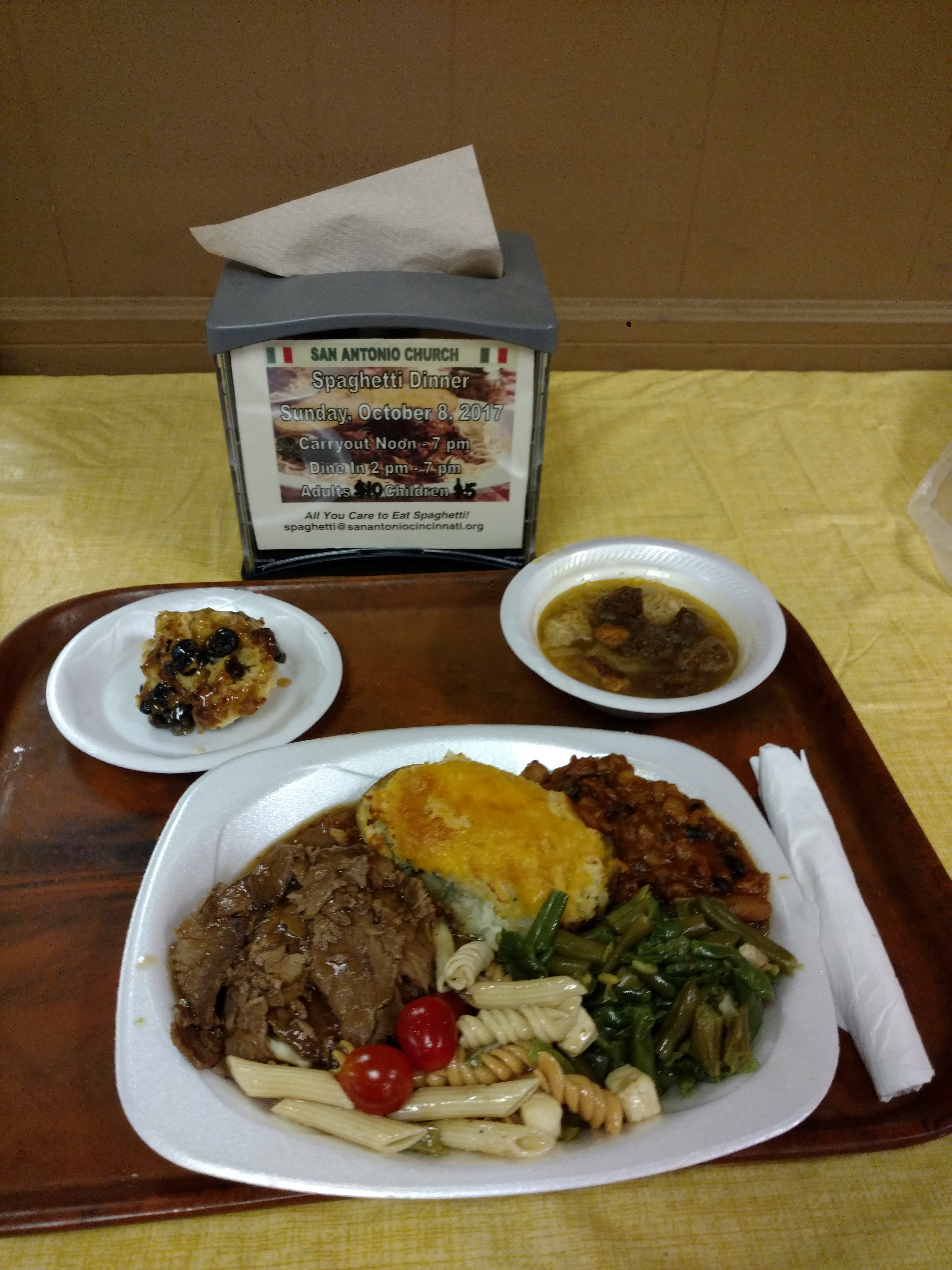 LOH 2017-08-22 Open face roast beef, onion soup, 2x baked potato, pasta salad, green beans, baked beans, bread pudding